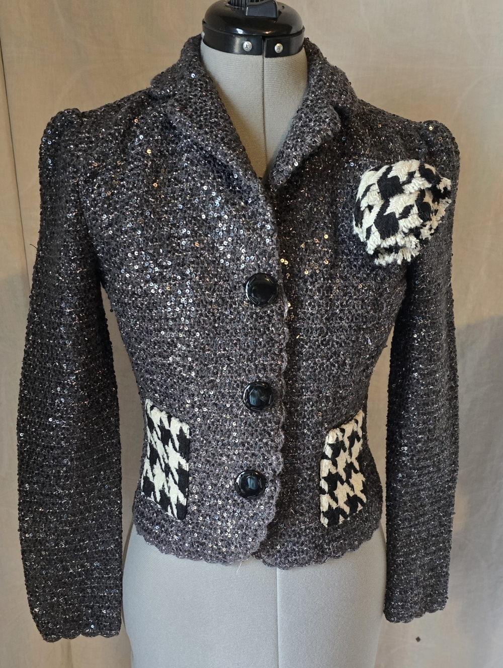 Dolce & Gabbana Charcoal Sequin Tweed Cropped Blazer with Houndstooth Accents